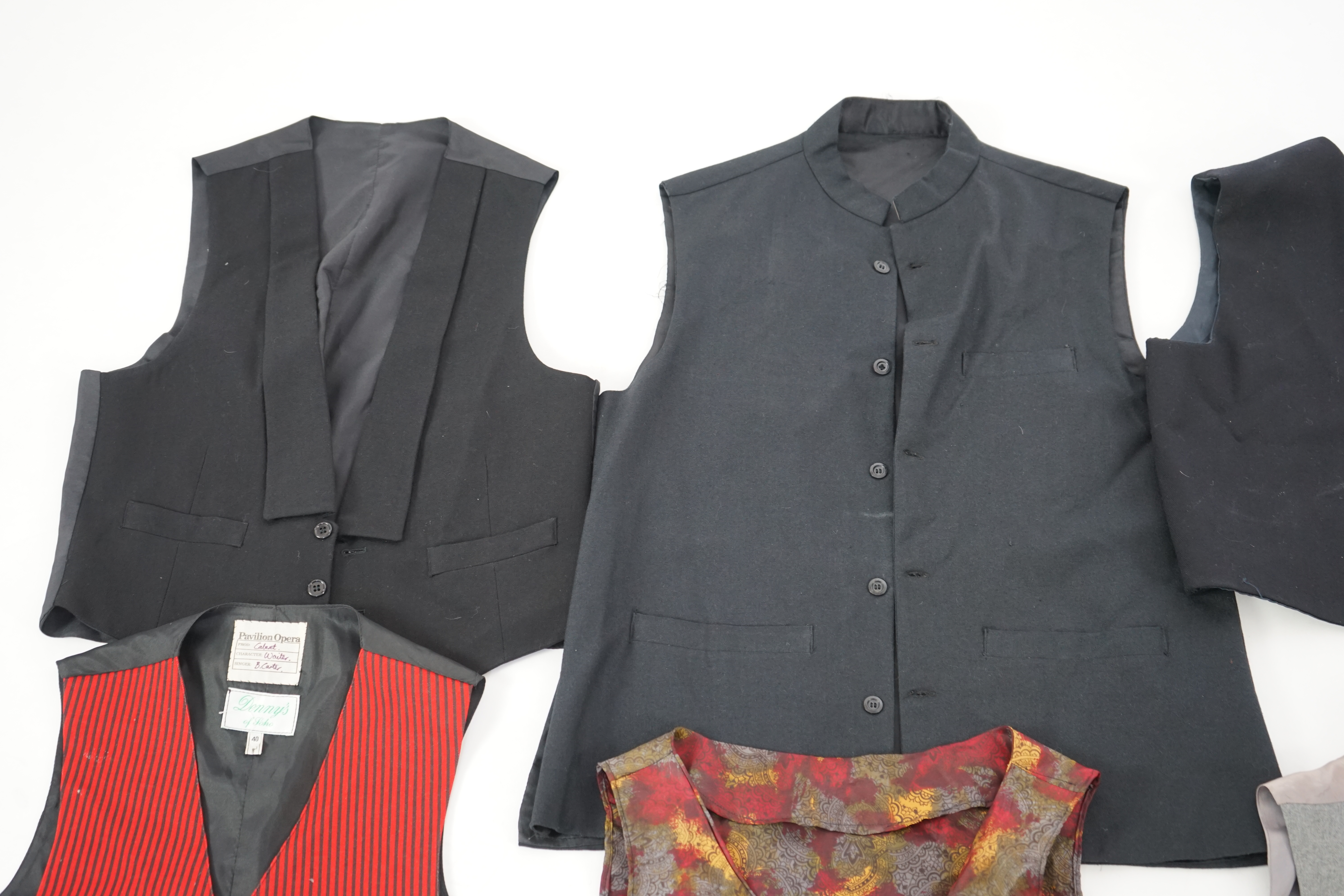 Five assorted men's period waistcoats (darker colours). Ex Pavilion Opera.